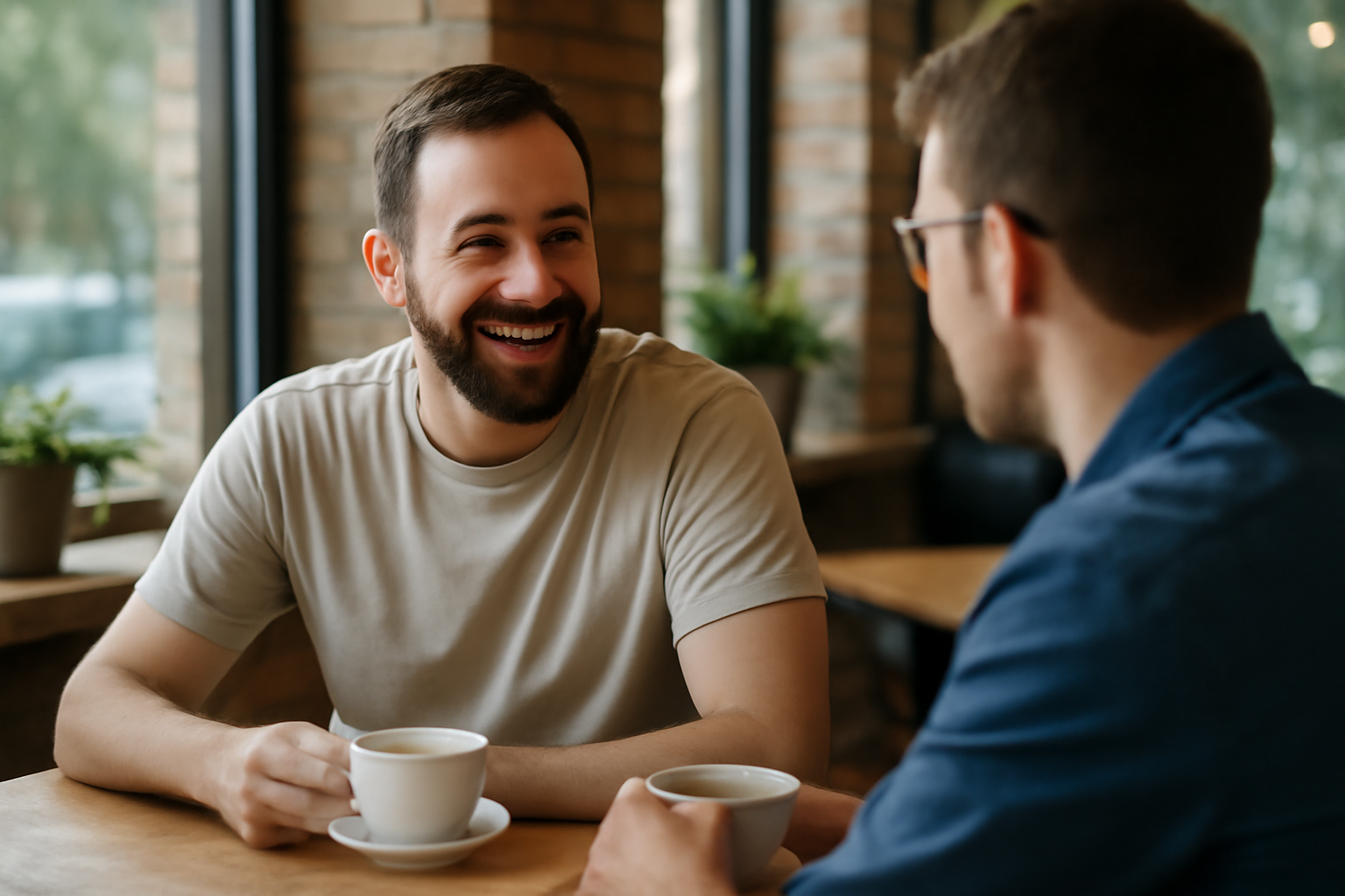 man sitting talking with another man about his day and relaxing at a coffee shop