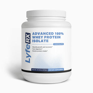 Lyfe RX Advanced 100% Whey Protein Isolate container on a white background