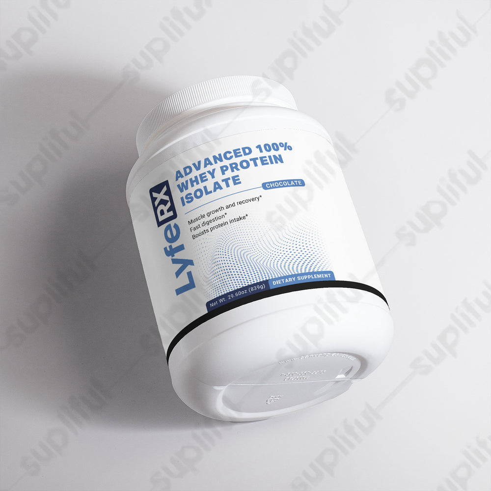Lyfe RX Advanced 100% Whey Protein Isolate container on a white background
