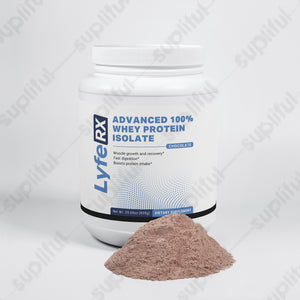 Lyfe RX Advanced 100% Whey Protein Isolate container with protein powder on a white background