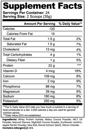 Nutrition label for a supplement showing calories, fat content, and various nutrients per serving.