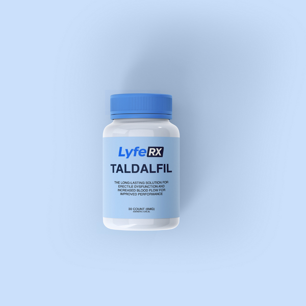 Bottle of LyfeRX Taldalfil on a light blue background