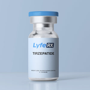 LyfeR X Tirzepatide vial on a light blue background
