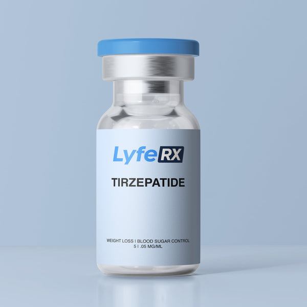 LyfeR X Tirzepatide vial on a light blue background