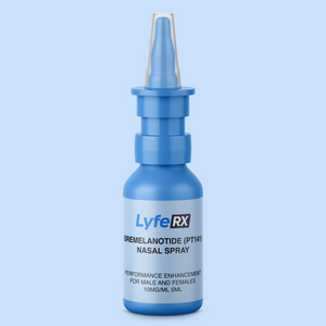 Lyfe RX Bremelanotide nasal spray bottle labeled 'LyfeRX' on a light blue background