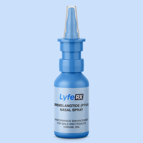 Lyfe RX Bremelanotide nasal spray bottle labeled 'LyfeRX' on a light blue background