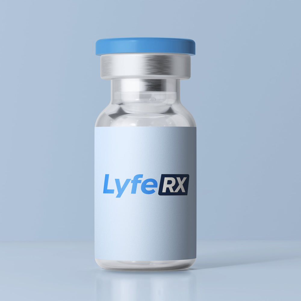 Lyfe RX GLP-R for weight loss vial on a light blue background