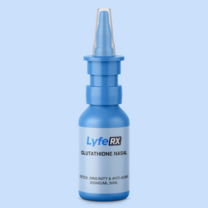 Lyfe RX Glutathione Nasal spray bottle labeled 'LyfeRX' on a light blue background