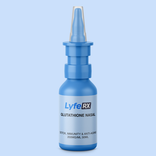 Lyfe RX Glutathione Nasal spray bottle labeled 'LyfeRX' on a light blue background