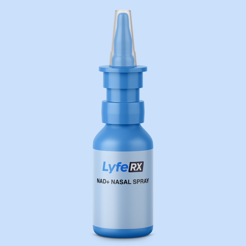 Lyfe RX NAD+ Nasal Spray bottle on a light blue background