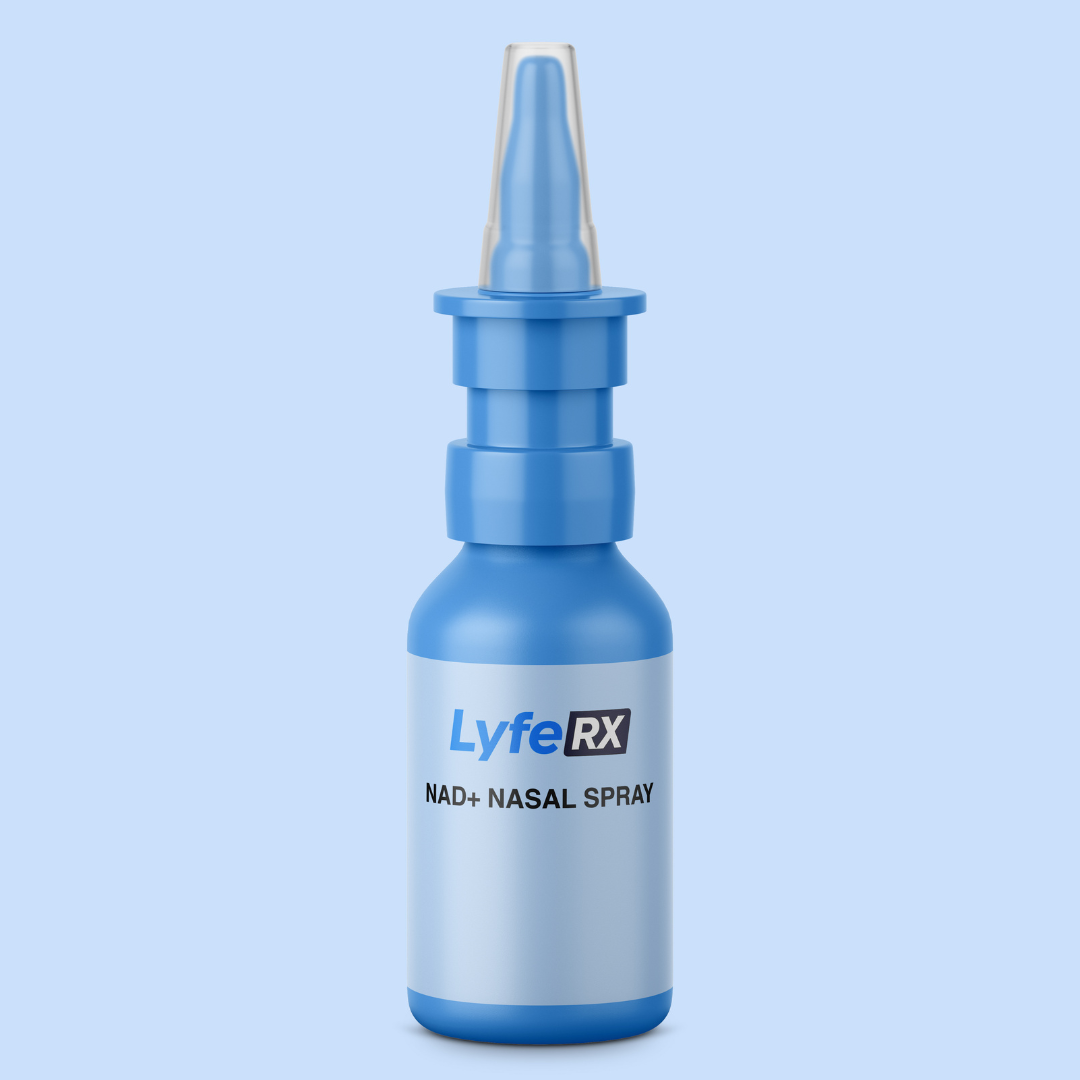 Lyfe RX NAD+ Nasal Spray bottle on a light blue background