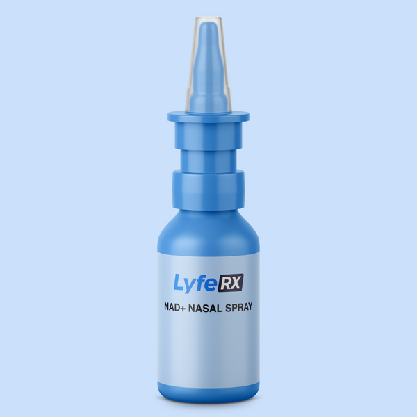 Lyfe RX NAD+ Nasal Spray bottle on a light blue background
