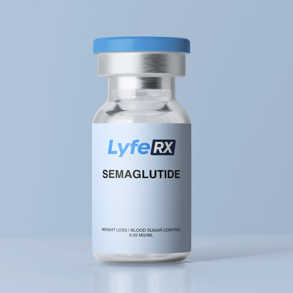 Lyfe RX Semaglutide vial on a light blue background