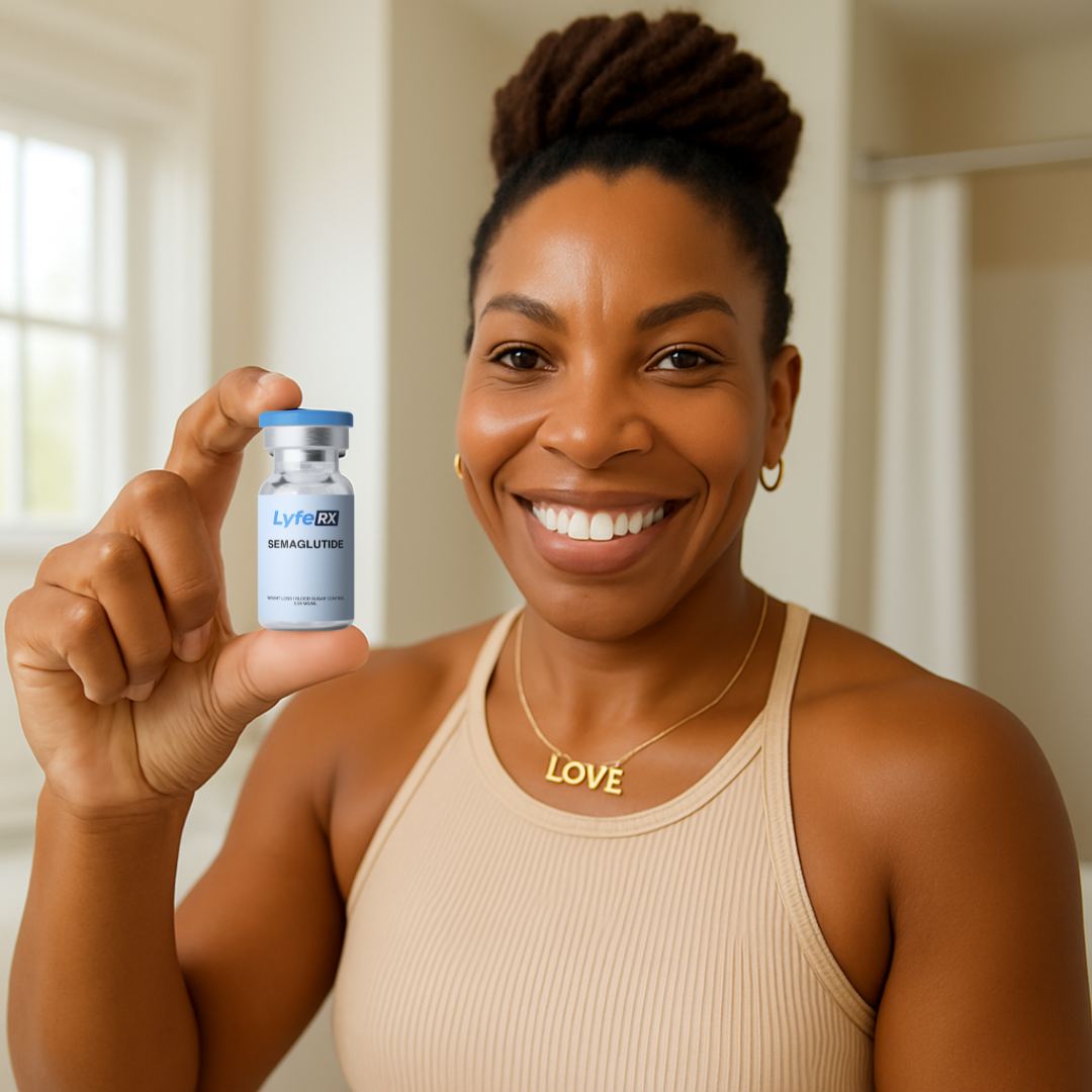Woman holding a Lyfe RX supplement bottle indoors