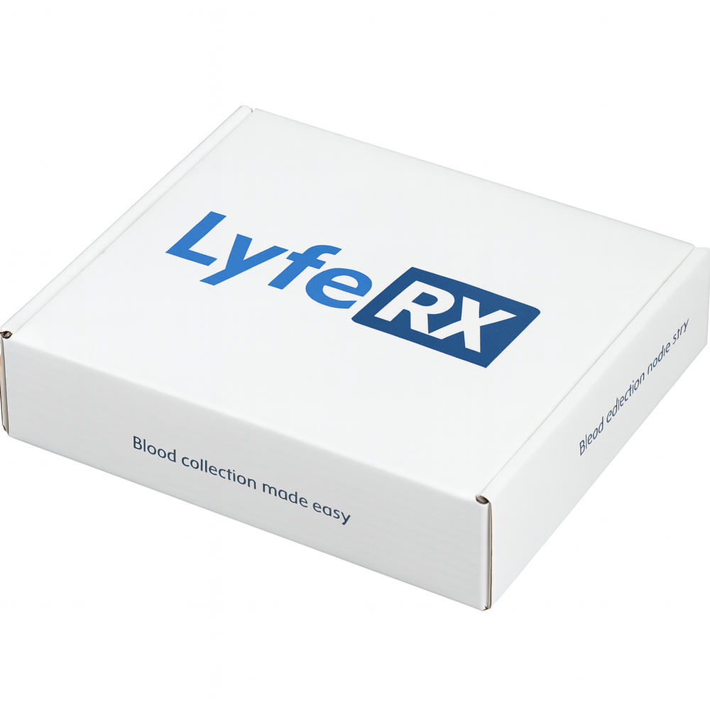 LyfeRX blood collection kit box on a white background