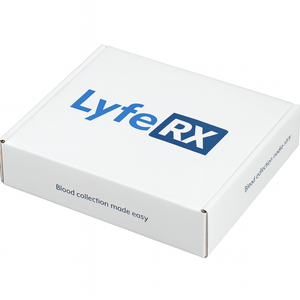 LyfeRX blood collection kit box on a white background
