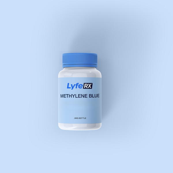 Bottle of LyfeRX Methylene Blue on a light blue background