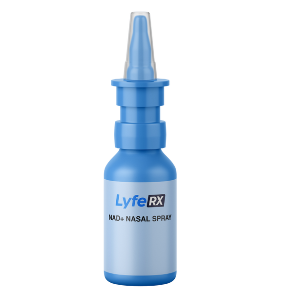 Blue nasal spray bottle labeled 'LyfeRX' on a white background