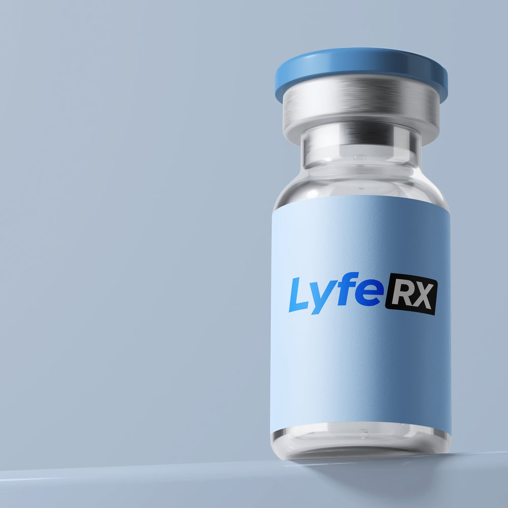 Vial with 'LyfeRX' label on a light blue background